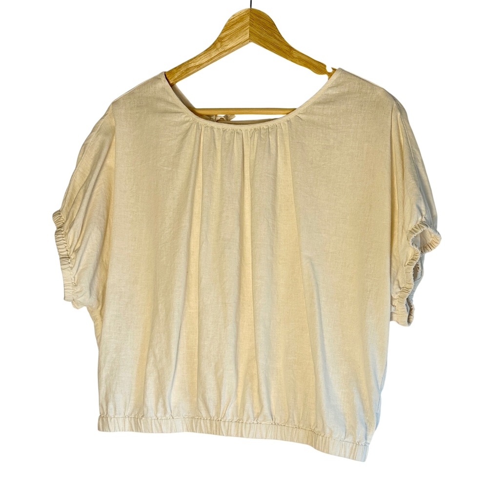 Madewell Womens Medium Beige‎ Linen Blend Michelle Bubble Top Tie Back